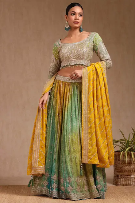 Green Viscose Bandhani Printed Lehenga With Zari